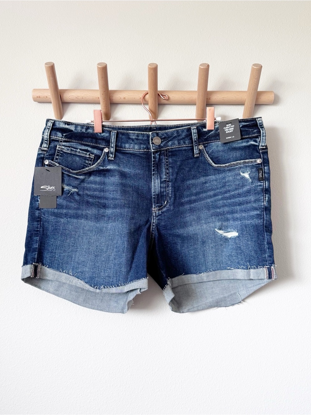 Silver Jeans Dark Blue Distressed Rolled-Cuff Denim Shorts